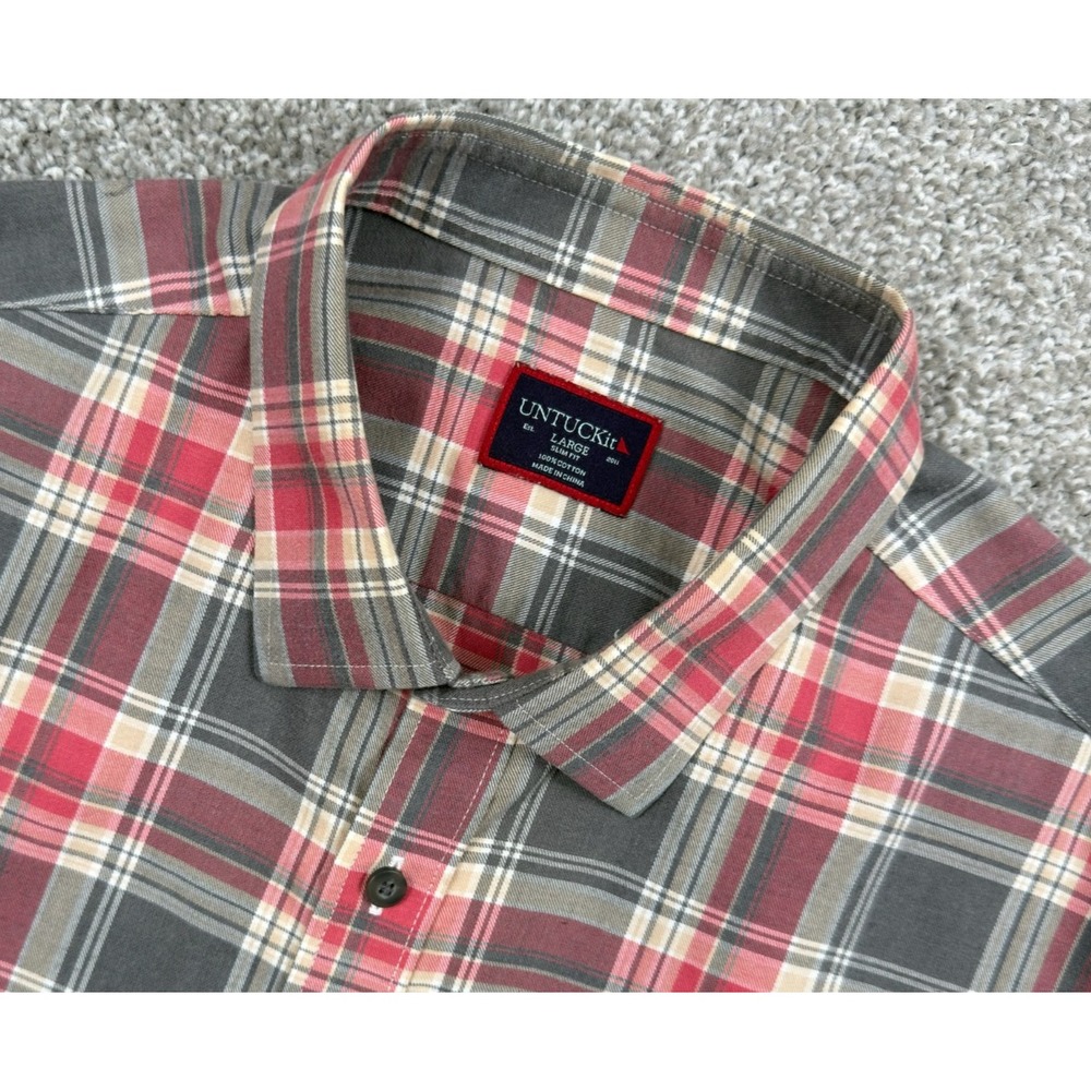 UNTUCKit Jadot Flannel Shirt Mens L Slim Fit Red Gray Plaid Brushed Cotton